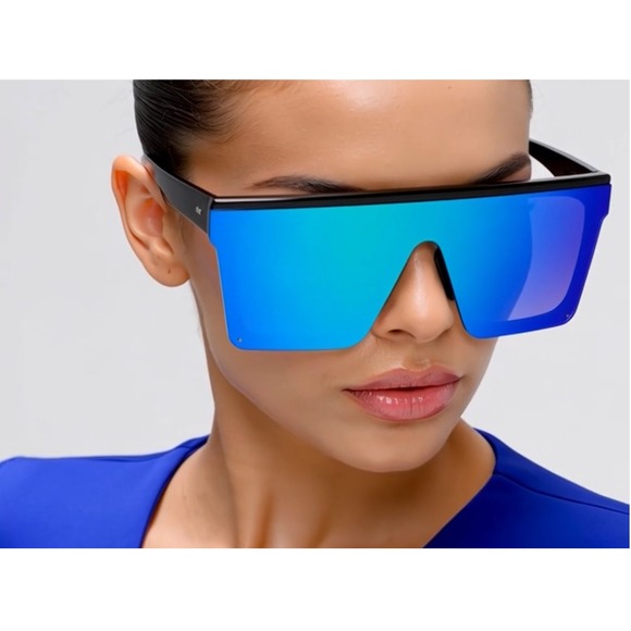 Other - Shield Sunglasses Flat Top Oversized Blue Mirrored Lens Fashion Sunglasses Gafas